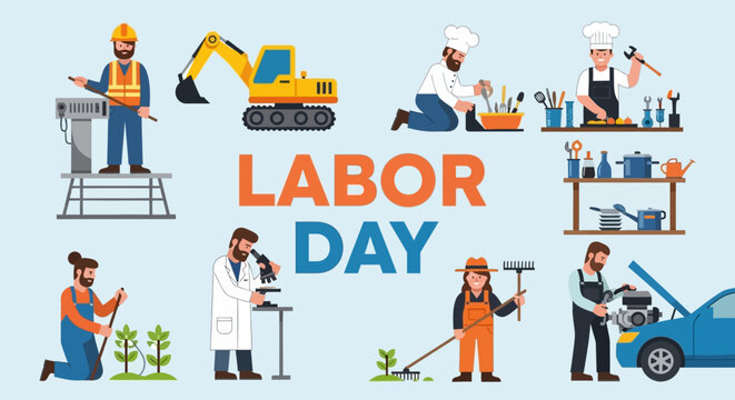 Workers celebrate Labor Day with various occupations and tools around them