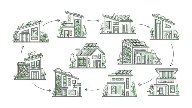 Sustainable Homes: A schematic illustration showcases the evolution of eco-friendly architecture, highlighting diverse sustainable home designs.