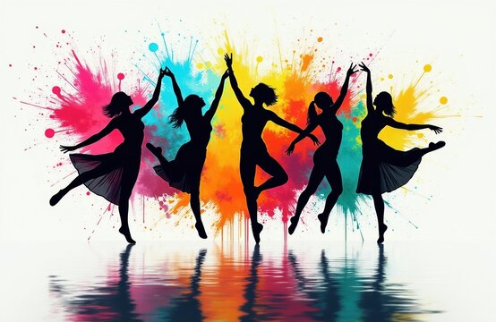 Group of five female dancers in silhouette perform ballet poses against vibrant abstract paint splash background. Their graceful movements suggest unity and artistic expression. Reflection adds depth.
