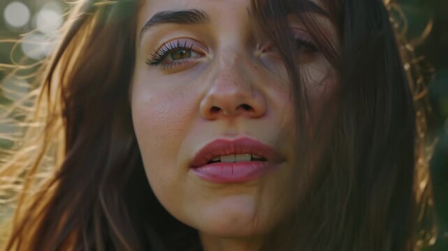 Close-up portrait of a young woman with long brown hair and subtle makeup looking directly at the camera with a soft, natural light and blurred background.