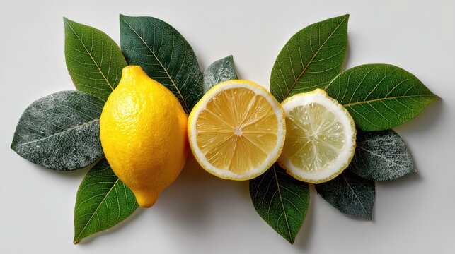 Minimal pastel style creative layout made of lemon and leaves, half lemon, slice, piece, flat lay, fruit concept, isolated with clipping path on white background, white backgrounded.