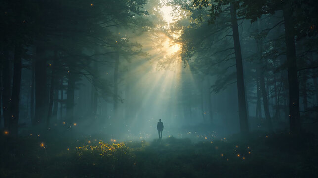 Misty Forest Sunlight Rays Illuminating Single Person Silhouette Among Glowing Particles