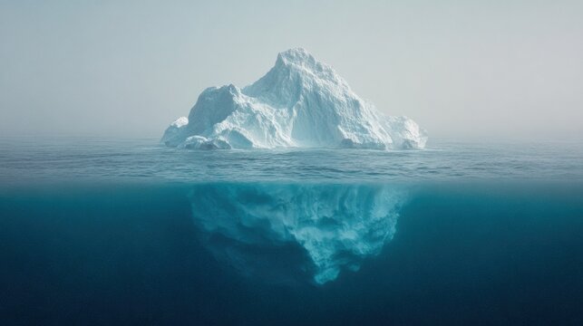 Winter season adventure exploration. An iceberg floating in the ocean, its reflection shimmering on the waters surface. The sky is visible at the top of the image.
