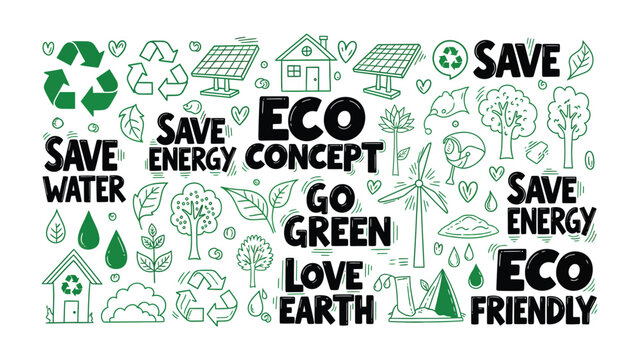 Eco-Friendly Doodle: A vibrant doodle showcases eco-friendly concepts, with recycling symbols, solar panels, and uplifting slogans promoting sustainability and environmental consciousness.