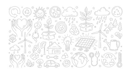 Obraz premium Eco-Friendly Doodle: An array of eco-conscious icons showcases a commitment to sustainability and environmental awareness, illustrating concepts of recycling, renewable energy.