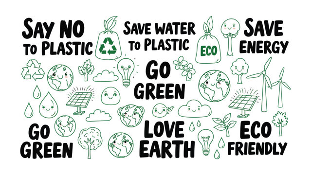 Eco-Friendly Doodle: An illustrative doodle encapsulates a vibrant ethos of environmental protection, highlighting sustainability, and responsible practices with symbols and encouraging phrases.