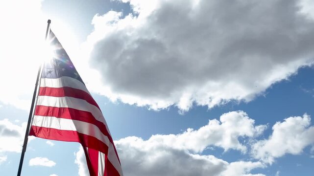 US Flag Waving in the Breeze with Blue Sky and White Clouds