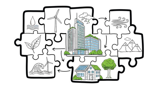 Sustainable City Puzzle: A conceptual illustration showcases interconnected puzzle pieces depicting various sustainable elements, including buildings, trees, solar panels, water, wind and mountains.