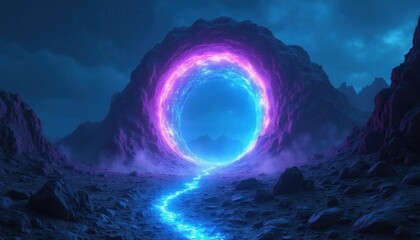Fototapeta premium Glowing portal with neon pink, blue lights opens between rocky mountains under starry night sky. Luminous energy stream flows towards gateway. Mystical, futuristic scene suggests interdimensional