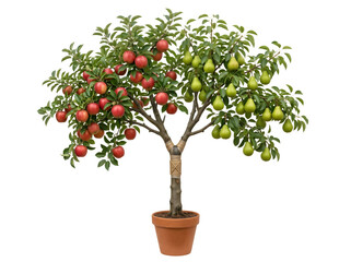 Obraz premium Potted fruit tree, mixed fruits, green and red, terracotta pot, gardening, home decor, fruit tree in pot isolated on White Background