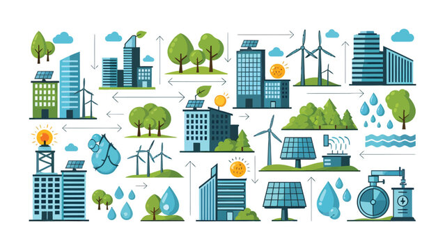 Eco-Friendly City Design: A visual representation of a sustainable city, showcasing integrated elements like solar panels, wind turbines, and green infrastructure for a harmonious future.