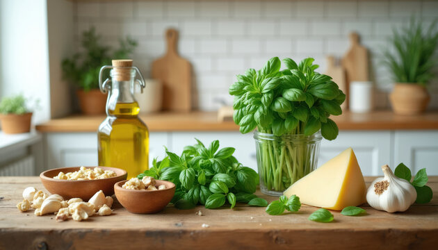 Fresh basil herb bunch sits on wooden table with olive oil garlic nuts and cheese. Ingredients for cooking pesto sauce in rustic kitchen setting. Tasty homemade meal prep.