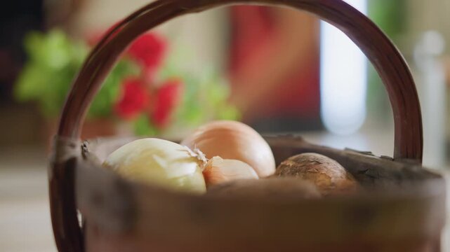 Basket of onions and potatoes on countertop, soft morning light, potted red geranium blurred in background, cozy home cook prep scene with rustic woven basket and fresh produce ready for recipe.