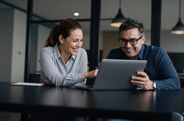 Fototapeta premium Two professionals collaborate happily over a laptop in a modern