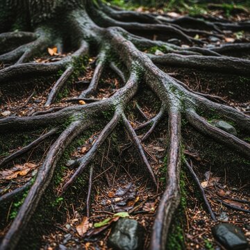 Exposed Tree Roots in Forest Floor.