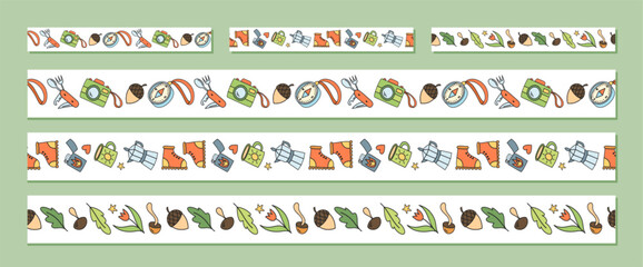 Seamless camp equipment doodle sketch set in bright color style pattern. Outdoor adventure border with map, compass and backpack as hiking or travel concept. Colorful and hand drawn, perfect for © Moonnoon