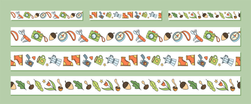 Seamless camp equipment doodle sketch set in bright color style pattern. Outdoor adventure border with map, compass and backpack as hiking or travel concept. Colorful and hand drawn, perfect for