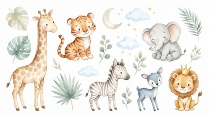 Fototapeta premium Collection of cute watercolor safari animals including a giraffe, tiger, elephant, zebra, and lion for nursery decor or baby shower invitations.