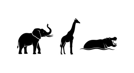 Fototapeta premium Silhouettes of iconic African safari animals: elephant, giraffe, and hippopotamus.