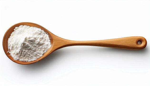 a wooden spoon with flour isolated on a white background top view