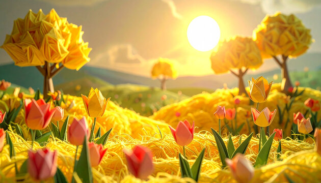Origami tulip field with yellow trees under a bright sunset sky