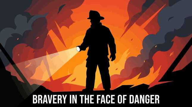 Brave firefighter silhouette standing in front of a burning building. EPS Editable. Vector Illustrations.