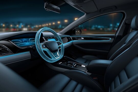 Night city lights reflect through car windows
