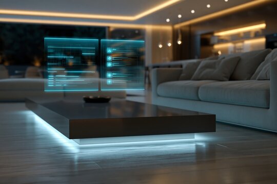 Futuristic holograms float above a sleek coffee table