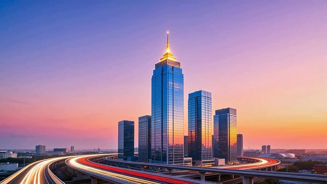 City skyline with tall buildings and highways