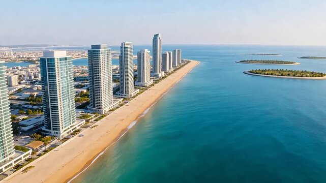 Aerial view of coastal cityscape with highrise buildings