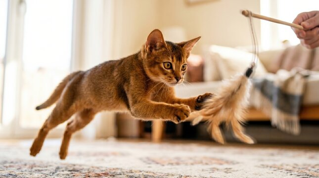 Active cat jumping and playing with toy in a cozy home setting, enhancing physical and mental stimulation.