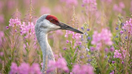 Fototapeta premium Sandhill crane amid vibrant wildflowers, highlighting wildlife beauty and natural habitat conservation importance.