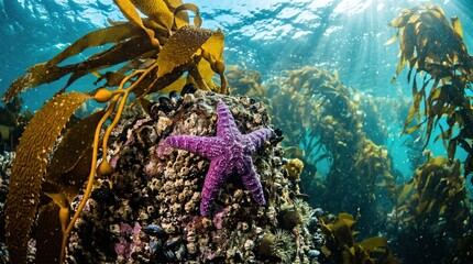 Obraz premium Colorful starfish amid kelp forest, highlighting biodiversity and marine conservation importance within ocean ecosystems.