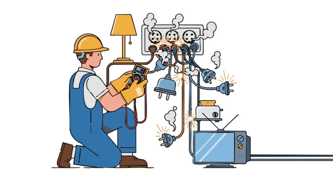 Electrician fixing dangerous overloaded electrical socket with sparks. Vector illustration of home repair safety hazard