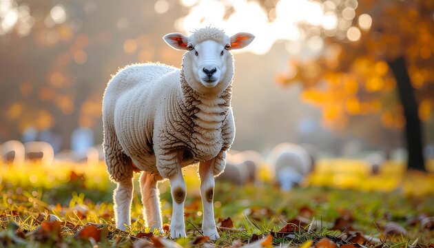 A beautiful sheep stands gracefully in a sunlit autumn field, embodying the spirit of nature and the upcoming celebrations of Eid al-Adha