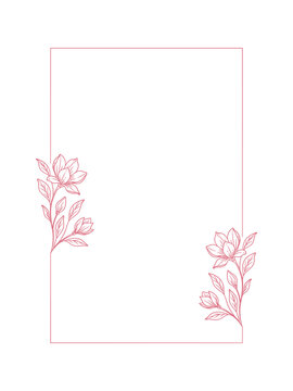 Elegancka prostokątna ramka z kwiatami magnolii &ndash; r&oacute;żowy kontur, styl line art