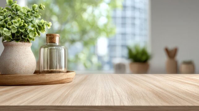 テーブル上の植物と瓶