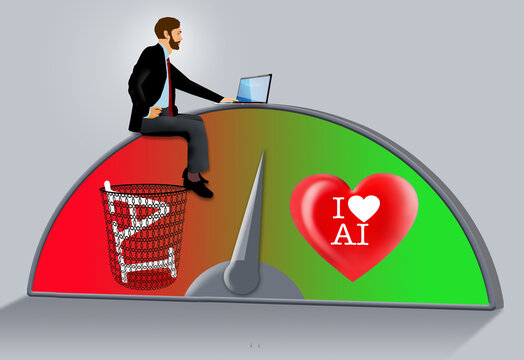 How popular is AI technology is the question. Here is a meter to rate popularity between AI belongs in the trash or I love AI. This is a 3-d illustration.