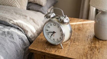 Naklejka premium Vintage alarm clock on a wooden table emphasizes the importance of punctuality in personal productivity and time management strategies.