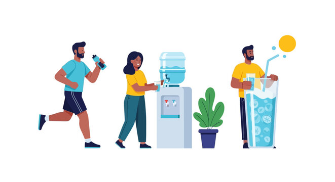 Diverse group of people engaging in healthy hydration and active lifestyle habits. EPS Editable. Vector Illustrations.