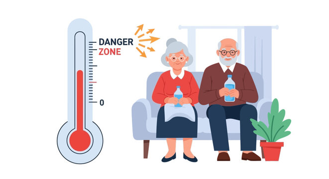 Elderly couple holding water bottles during extreme heatwave danger. EPS Editable. Vector Illustrations.
