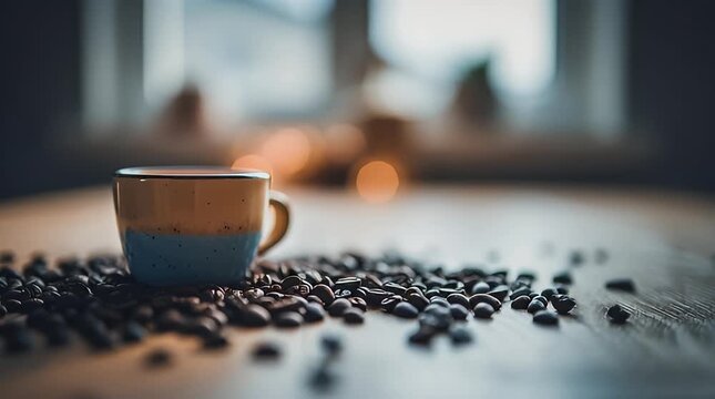 Cozy morning scene featuring a steaming cup of coffee surrounded by scattered roasted coffee beans on a rustic wooden table evoking warmth and relaxation