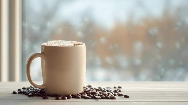 Cozy morning scene featuring a steaming mug of coffee surrounded by roasted beans bathed in soft light from a window perfect for lifestyle and seasonal content
