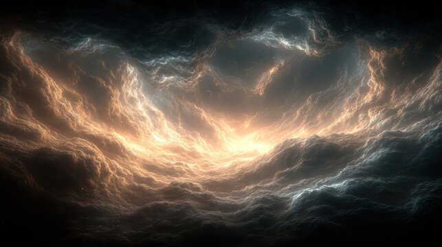 Space universe exploration, fantasy. A digital artwork depicts a fiery, swirling vortex of light and shadow. The vortex is a mesmerizing blend of fiery oranges, deep blues, and fiery yellows.