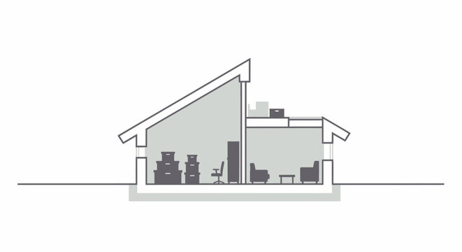 Modern House Cross-Section Vector Illustration with Living Room, Office Space, and Storage Area in Minimalist Style