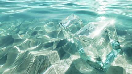 Obraz premium Two large crystal cubes submerged in clear turquoise sea water with bright sun flare. Refreshing and cooling summer concept featuring realistic water ripples and sandy ocean floor background.