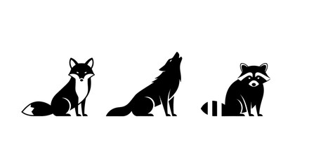 Fototapeta premium Three stylized silhouettes of wild animals including a fox, wolf, and raccoon against a white background.