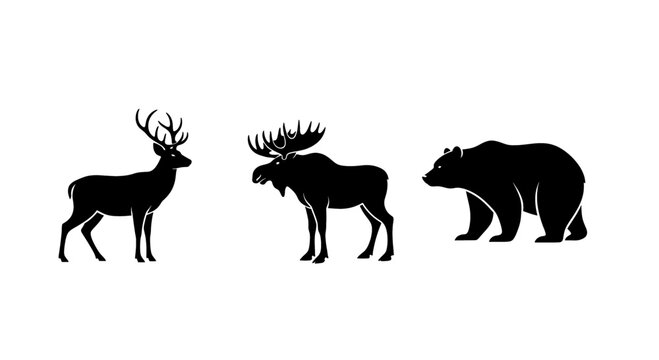 Silhouettes of a deer, moose, and bear standing against a white background