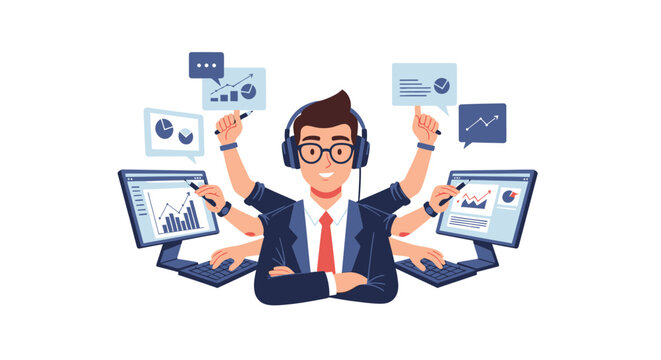 Multitasking businessman working on multiple computers with many arms. EPS Editable. Vector Illustrations.