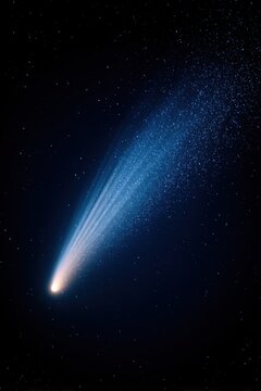 Space universe exploration, fantasy. A digital artwork depicts a celestial scene. A bright, luminous comet streaks across a dark, starry night sky. The comets tail is a gradient of blue.